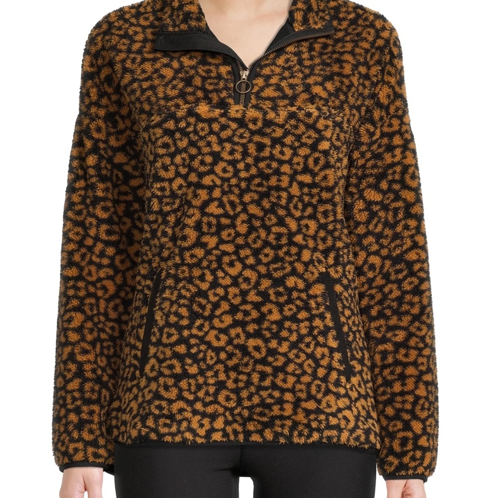 Time and Tru Women's Faux Sherpa Leopard Print Quarter Zip Pullover